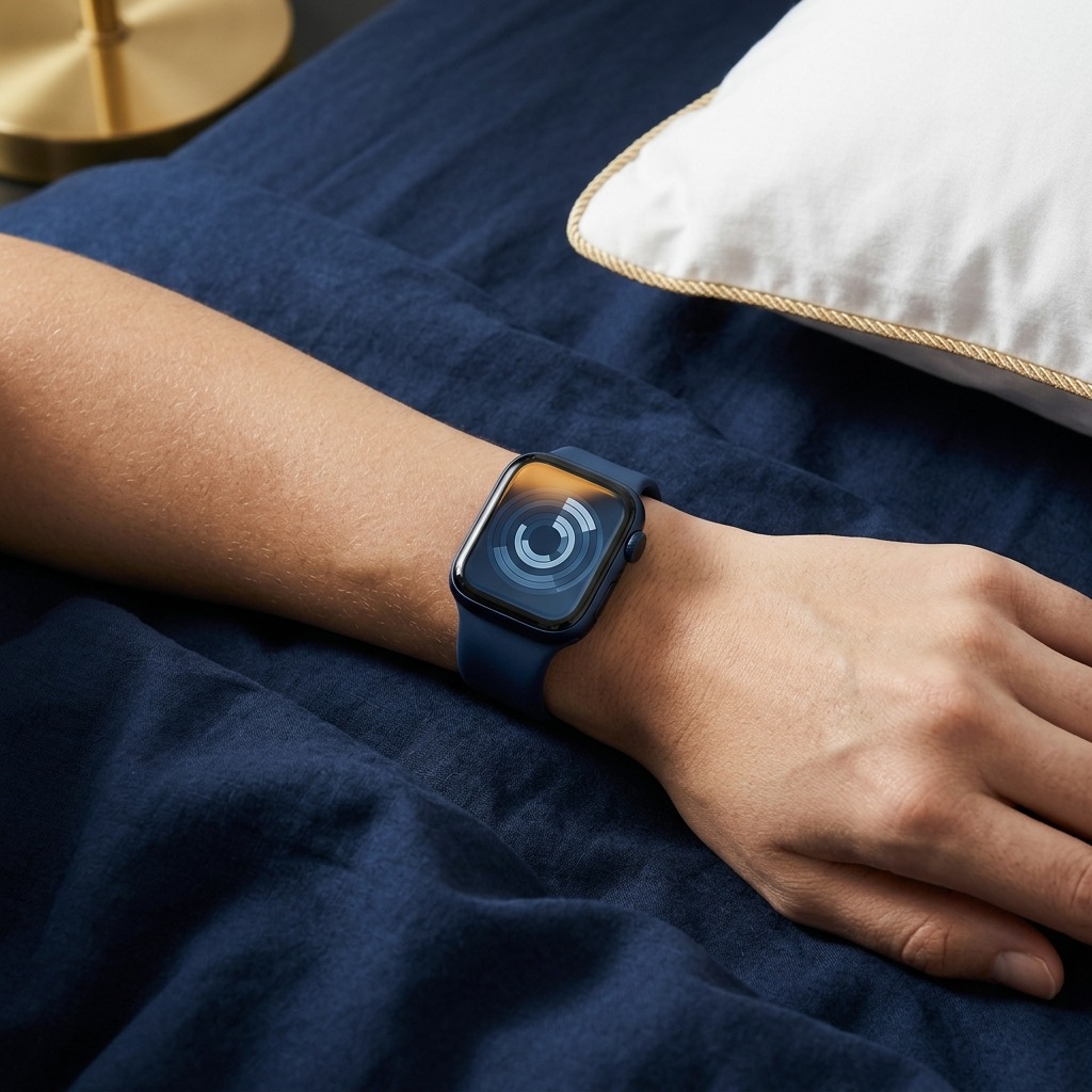 Schlafring und Smartwatch zeigen Schlafphasen-Kurven auf einem Display, daneben ein Bett im Hintergrund