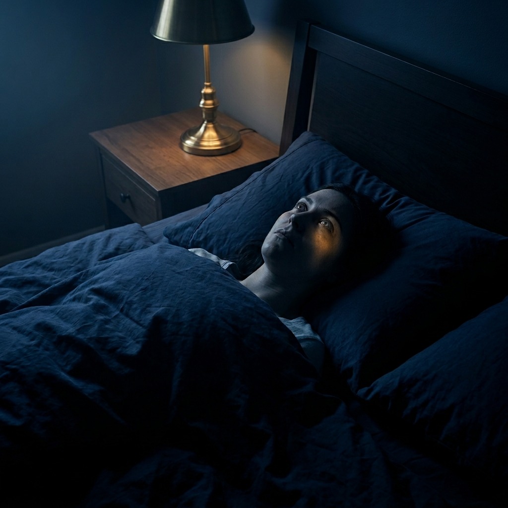 Person liegt starr und augenoffen im Bett, Schatten umgeben den Körper, Schlafparalyse als beklemmendes Erlebnis