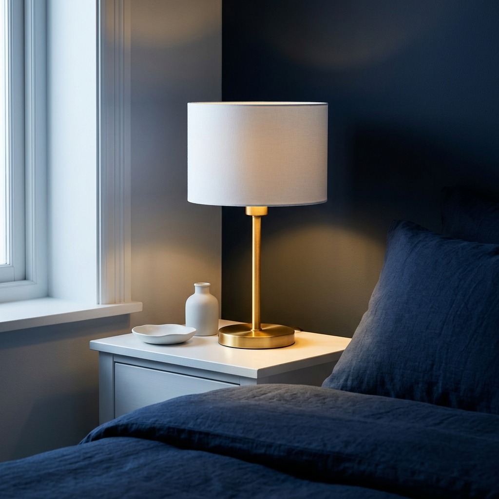 Warmes dimmbares Licht einer Nachttischlampe im Schlafzimmer, indirekte Beleuchtung für entspannte Atmosphäre