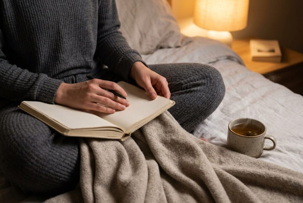 Einschlafen, Person in ruhiger Pose im Bett mit entspannter Atmung