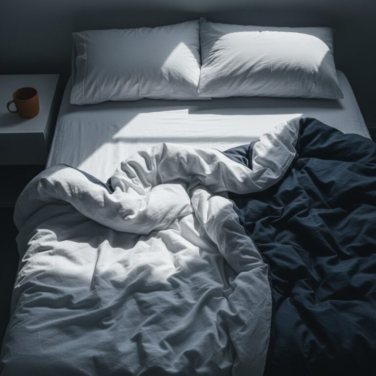 Neun nummerierte Tipps auf Holztafeln neben einem gemütlichen Bett mit Kissen