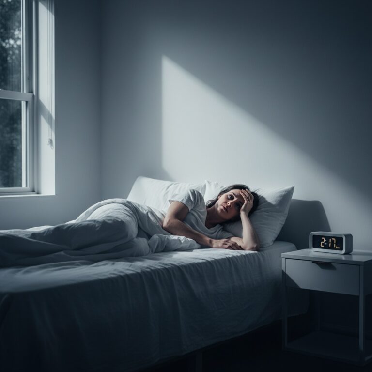 Person liegt wach im Bett und blickt nachdenklich zur Decke, Gedankenblasen schweben über ihr