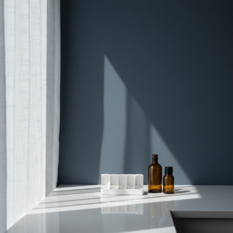 Melatonin-Kapseln und Magnesium-Flasche nebeneinander auf einem Nachttisch mit Leselampe