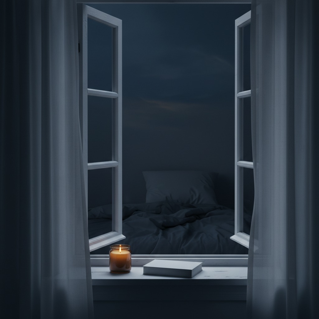 Entspannte Abendroutine mit Kerze, Buch und Tee auf einem Nachttisch neben einem gemütlichen Bett