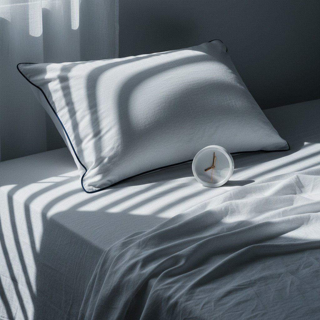 Person macht kurzen Powernap auf dem Sofa, Wecker zeigt kurze Ruhezeit im Hintergrund