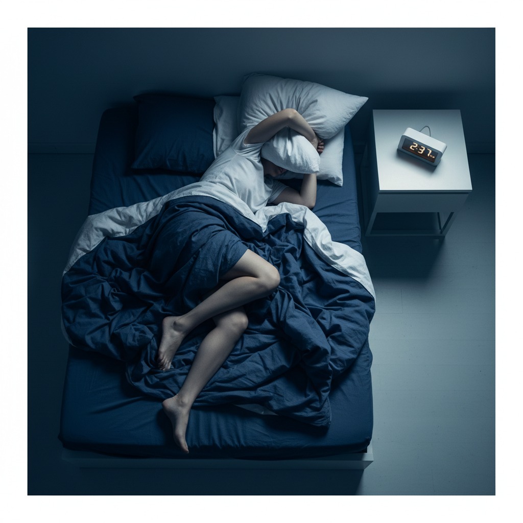 Person dreht sich unruhig im Bett, Augen offen, Wecker zeigt späte Nachtzeit