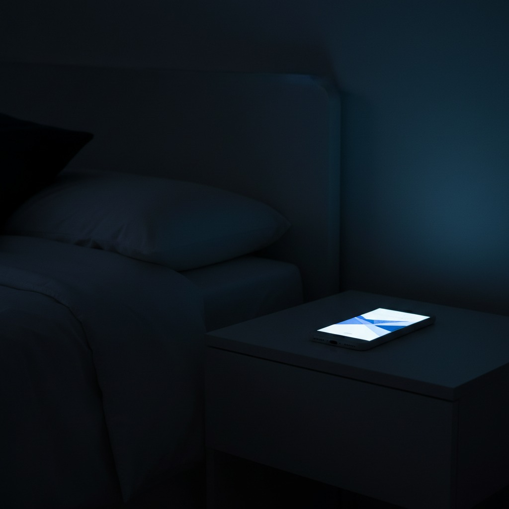Blaues Licht von Smartphone und Laptop im dunklen Schlafzimmer, Schlafstörung durch Bildschirmbeleuchtung