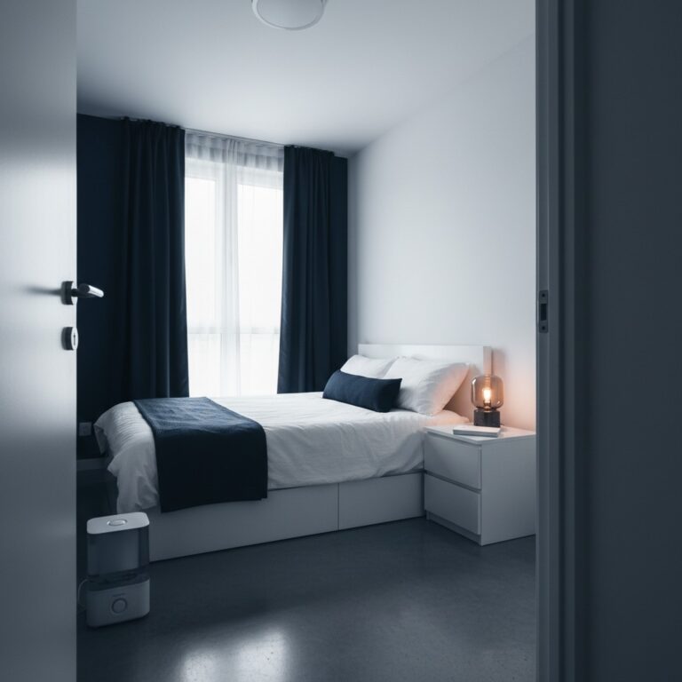 Schlafzimmer mit einfachen Mitteln optimiert: Verdunkelung, Pflanzen und aufgeräumter Nachttisch