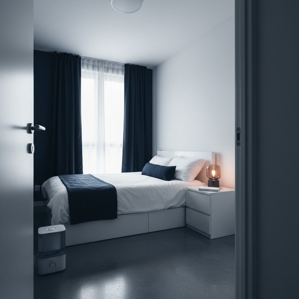 Schlafzimmer mit einfachen Mitteln optimiert: Verdunkelung, Pflanzen und aufgeräumter Nachttisch