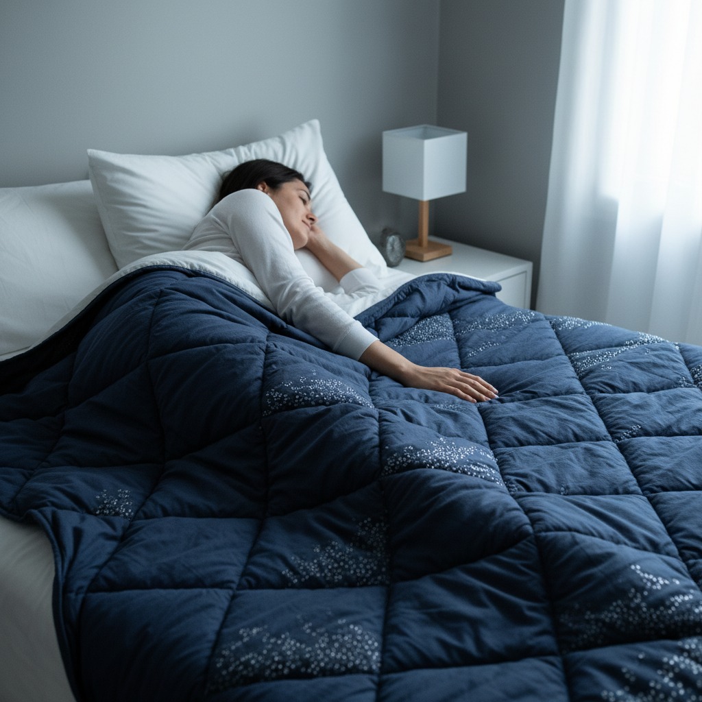 Gewichtsdecke mit gleichmäßiger Füllverteilung auf einem aufgeschlagenen Bett, sanfte Druckverteilung sichtbar