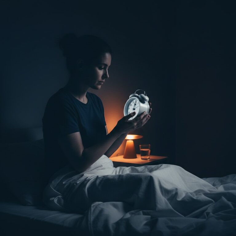 Person sitzt nachts aufrecht im Bett, starrt auf die leuchtende Weckuhr, frustriert und wach