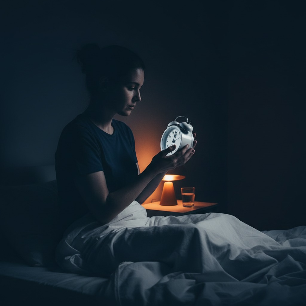 Person sitzt nachts aufrecht im Bett, starrt auf die leuchtende Weckuhr, frustriert und wach