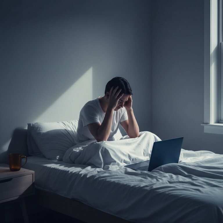 Gestresste Person hält sich die Hand an die Stirn, unordentlicher Schreibtisch und Smartphone in der Nacht