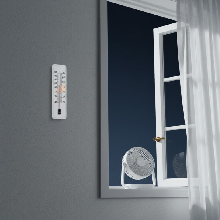 Thermometer zeigt ideale Schlafzimmer-Temperatur neben einem Fenster mit geschlossenen Vorhängen