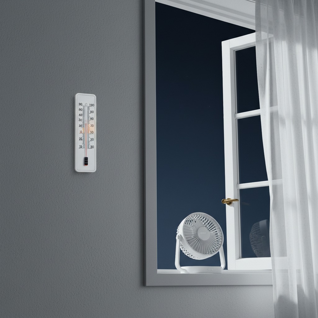 Thermometer zeigt ideale Schlafzimmer-Temperatur neben einem Fenster mit geschlossenen Vorhängen