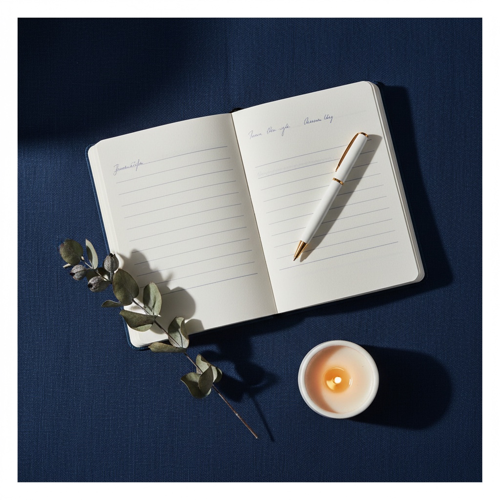 Offenes Journal mit Stift auf dunkelblauem Leinen - Journaling und Schlaf