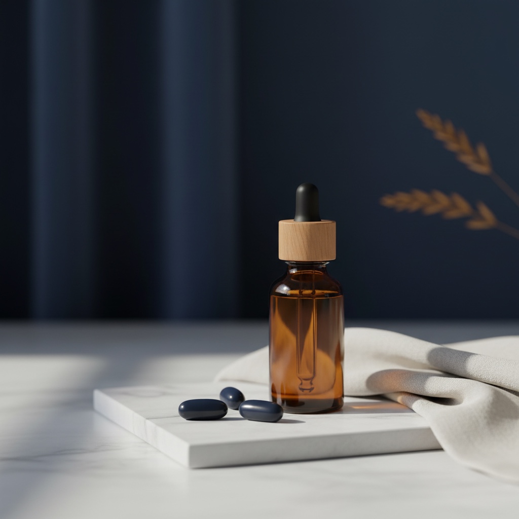 Amber-Tinktur-Flasche auf weissem Marmor - Schlaf und Hormone