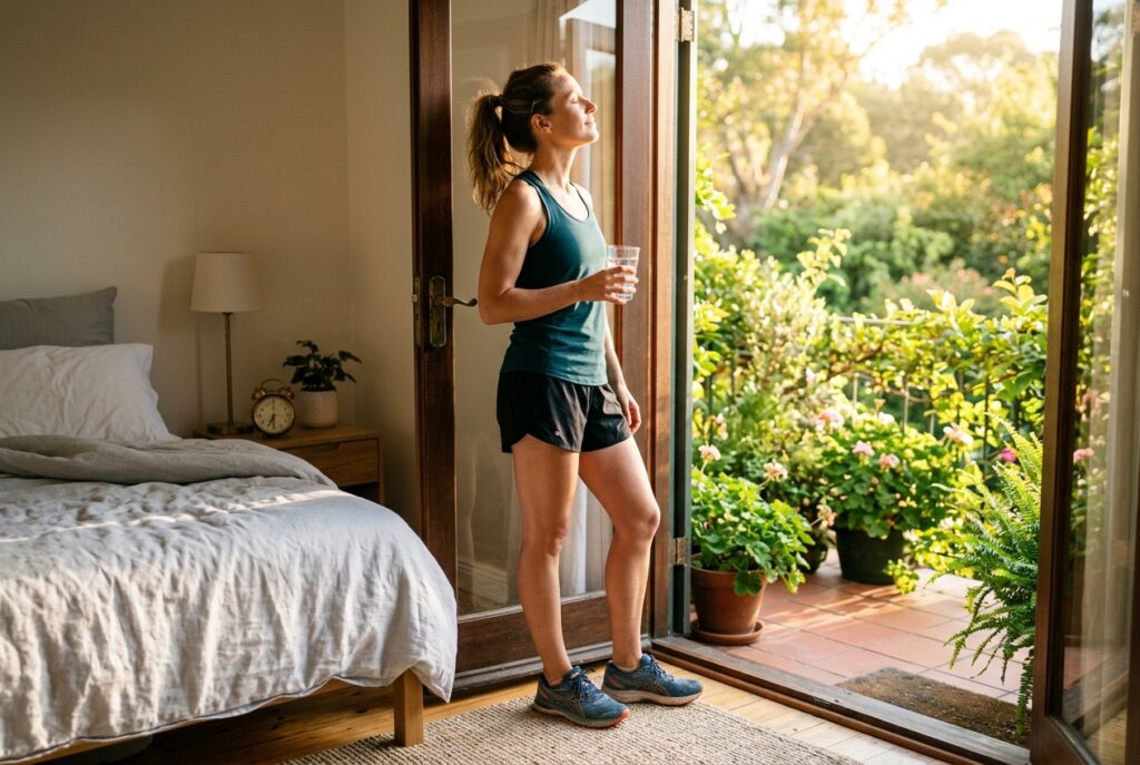 Morgenroutine mit Sonnenlicht am Fenster, frisches Wasser und ruhiger Start in den Tag