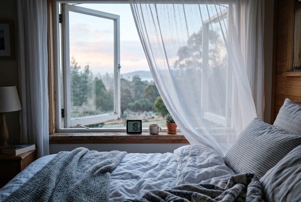 Optimale Schlaftemperatur-Anzeige neben einem gemütlichen Bett mit leichter Decke