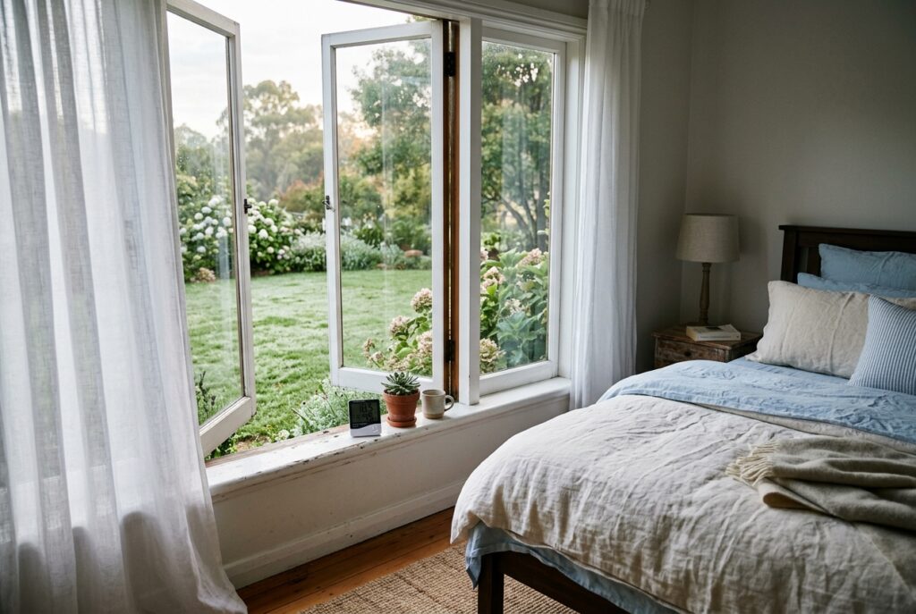 Thermometer und Bett mit idealer Schlafzimmer-Temperatur von 16 bis 19 Grad