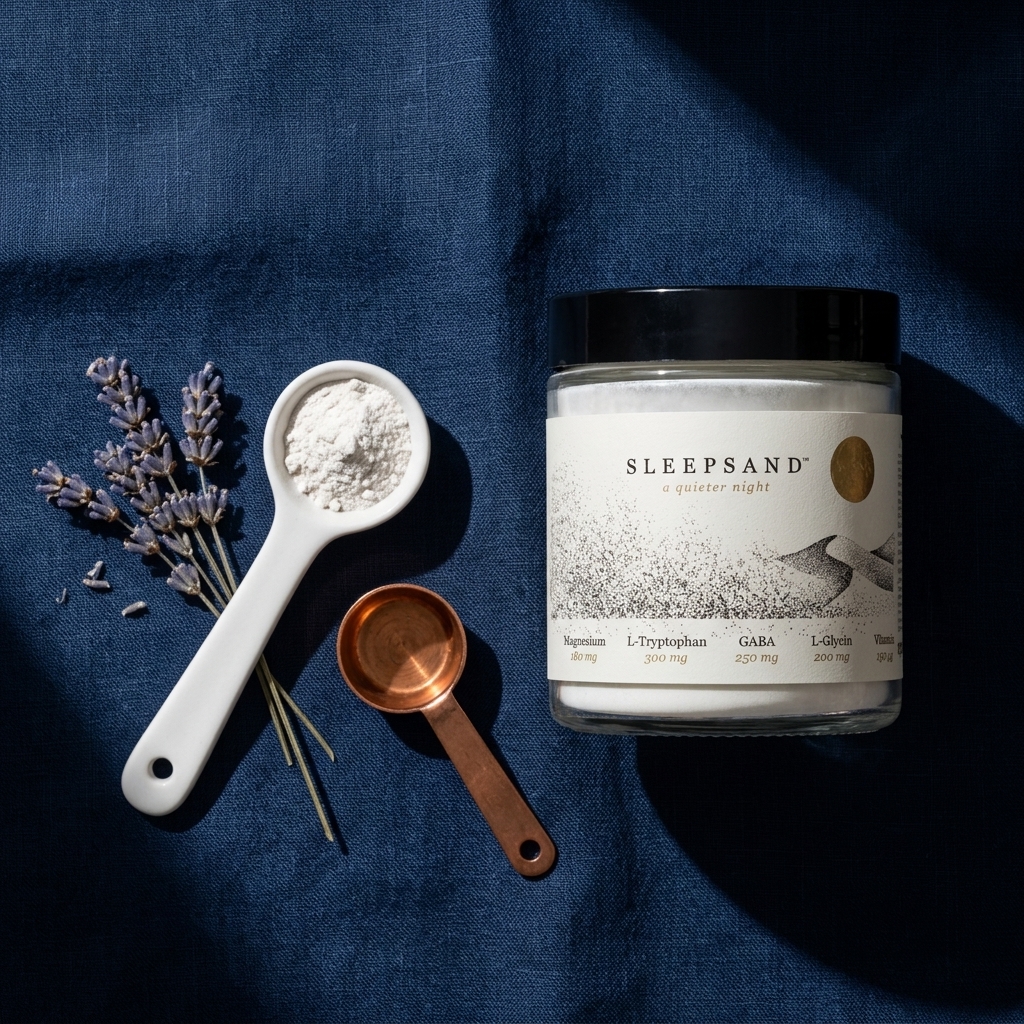 Sleepsand Schlafsupplement im Glas mit schwarzem Deckel auf dunkelblauem Leinen, Produktfoto im Flat-Lay-Stil